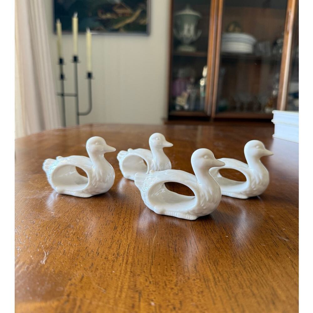 Vintage White Ceramic Duck Napkin Rings | Set of 4 Table Decor Cottagecore Table